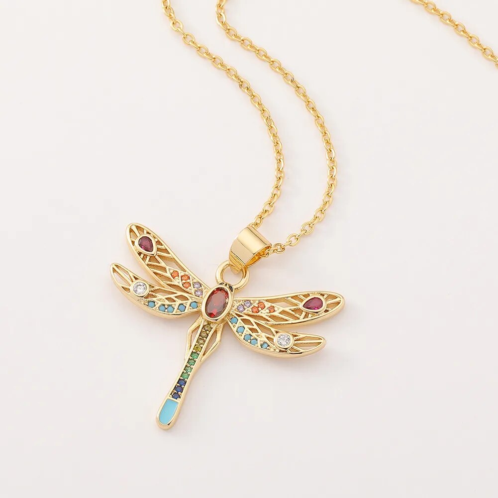 Collier pendentif libellule avec Zircons, arc-en-ciel