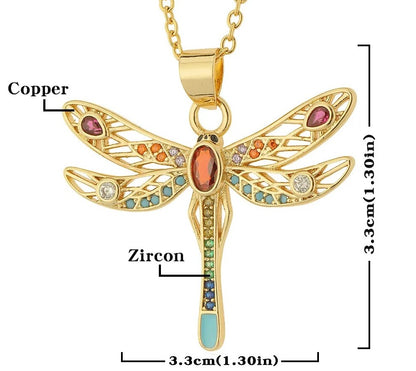 Collier pendentif libellule avec Zircons, arc-en-ciel