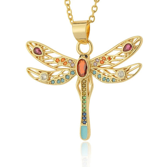 Collier pendentif libellule avec Zircons, arc-en-ciel